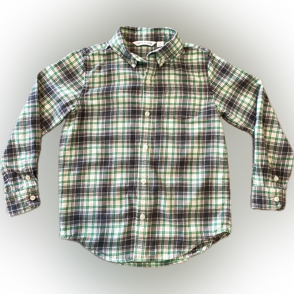 Janie and Jack boys size 6 soft flannel button down in green, grey, and white